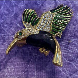 Hummingbird Bird‎ Blue Green Enamel Rhinestone Gold Tone Brooch Vintage